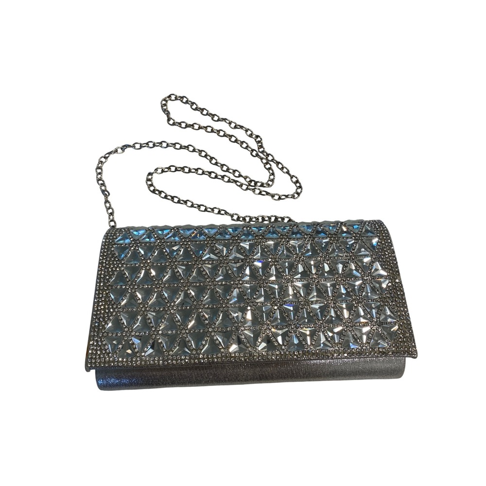 Gunne Sax Jessica McClintock Silver Crystal Embellished Evening Clutch Bag
